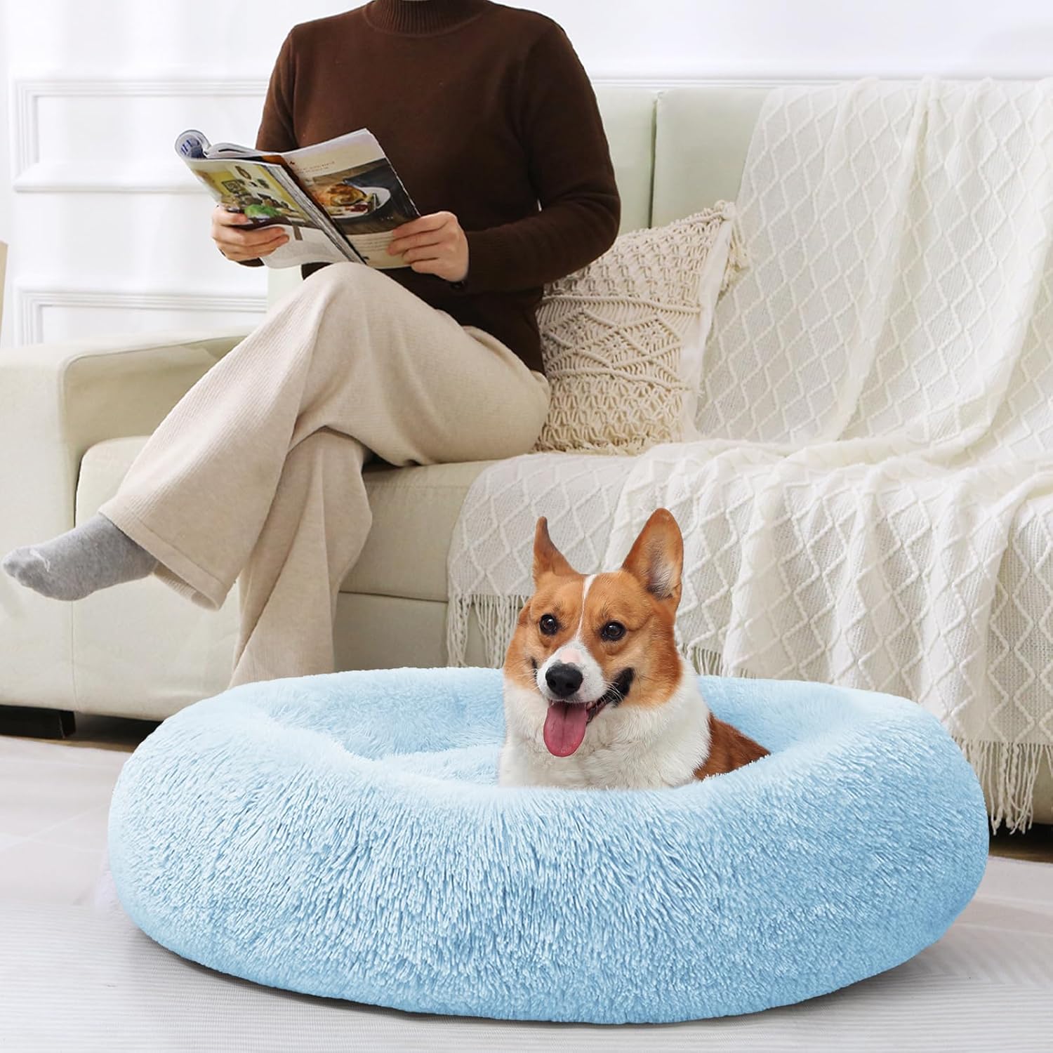 JOLLYVOGUE Dog & Cat Bed, Calming Anti-Anxiety Pet Bed for Small Dogs, Fluffy Donut Cushion for Small and Medium Pets (20")