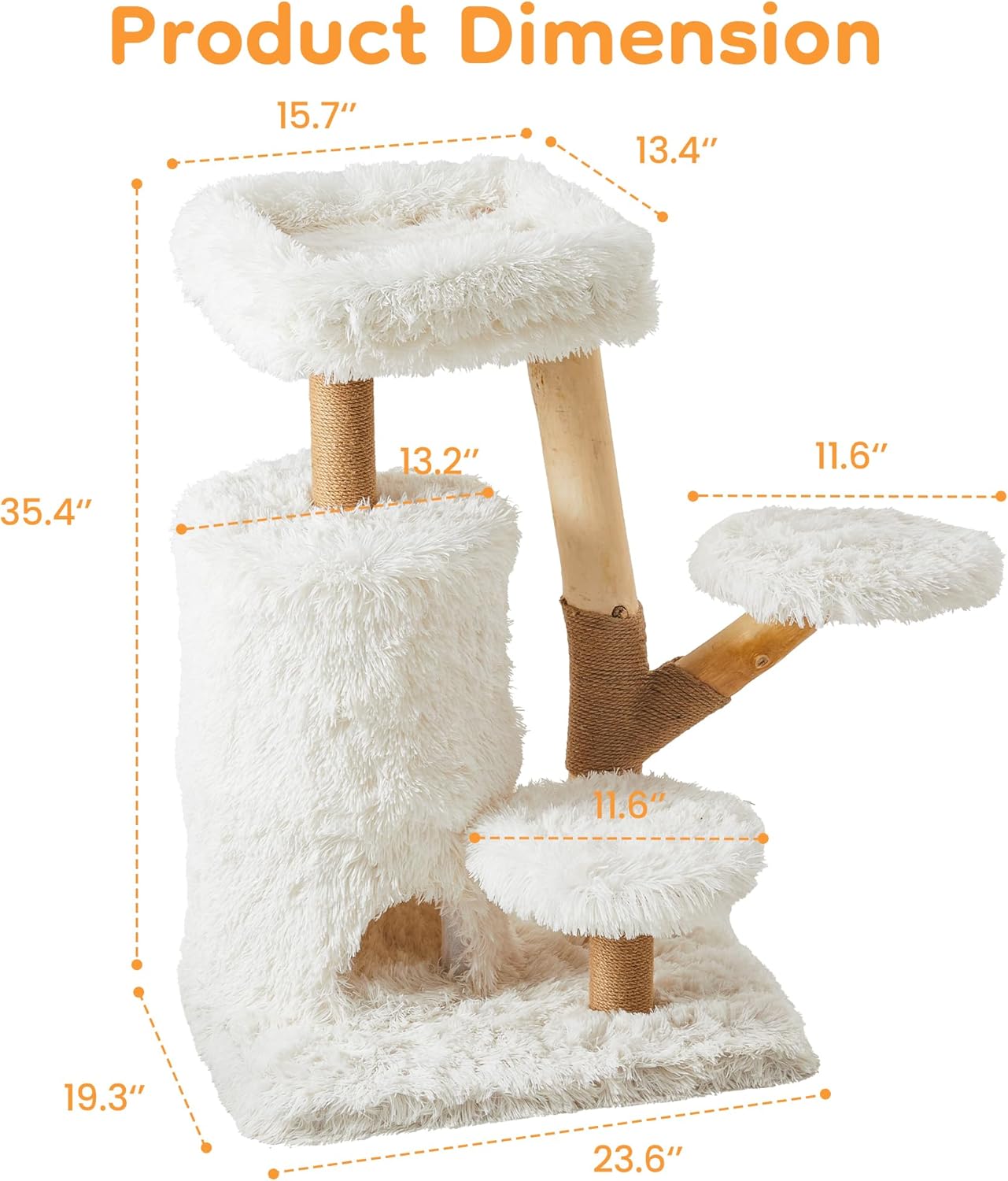 35-Inch Cat Tree for Indoor Cats, Multi-Level Tower with Sisal Posts, Dual Condos, Cushioned Perches & Removable Soft Cover, Natural Wood, Modern Cat Furniture for Large Cats, White