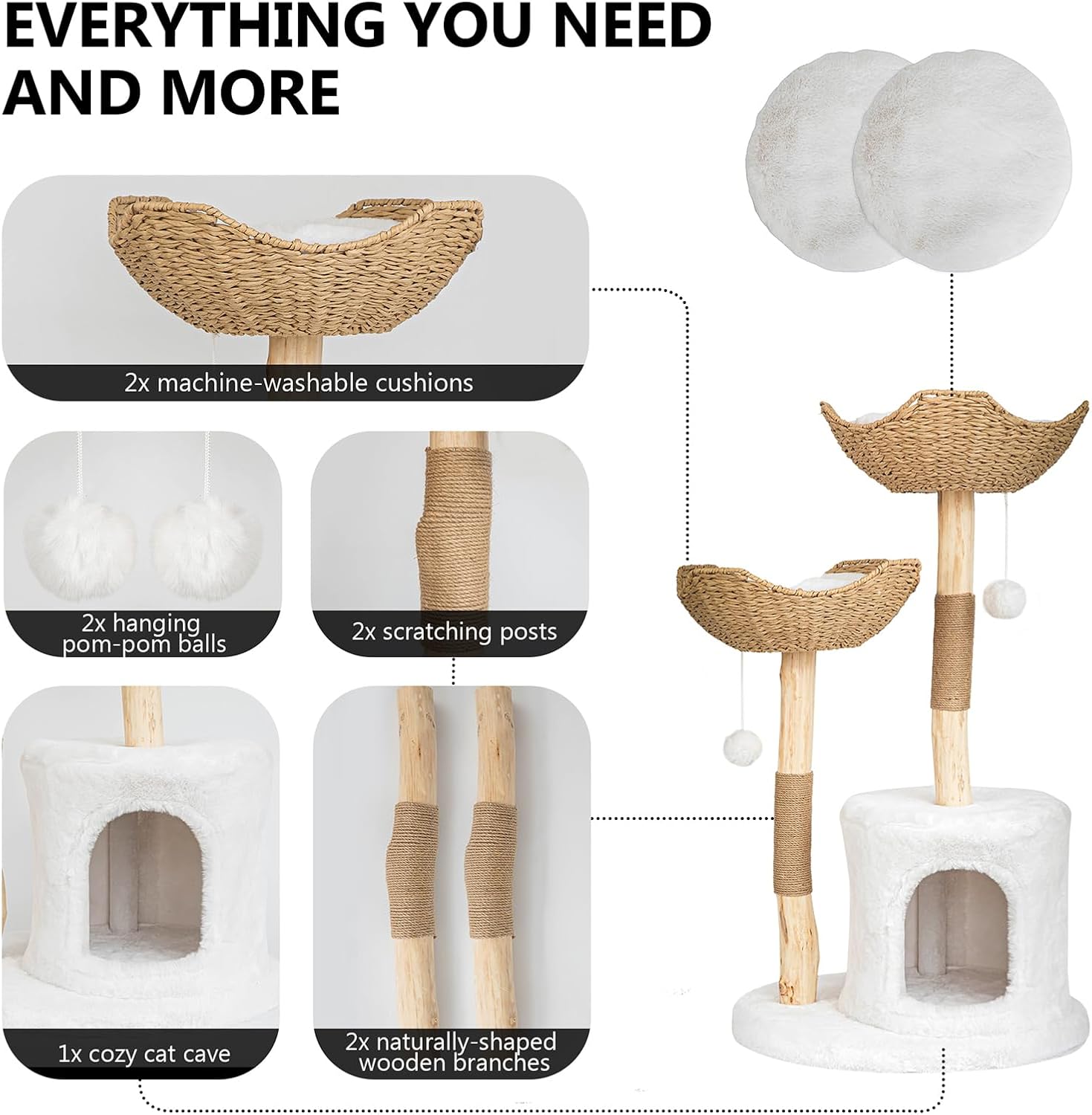 Modern Cat Tree for Indoor Cats Large Adult, 46" Tall Wooden Cat Tower for Large Cats with Scratching Post, Luxury Cat Condo, White