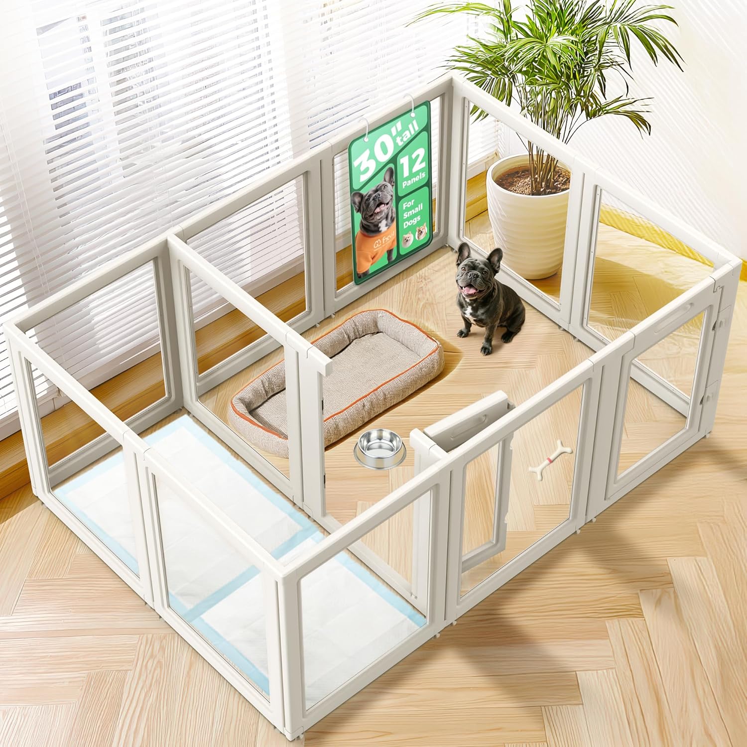 FXW AuraSpace Acrylic Indoor Dog Playpen for Puppies and Small Dogs, 24 Inch, 8 Panels, White