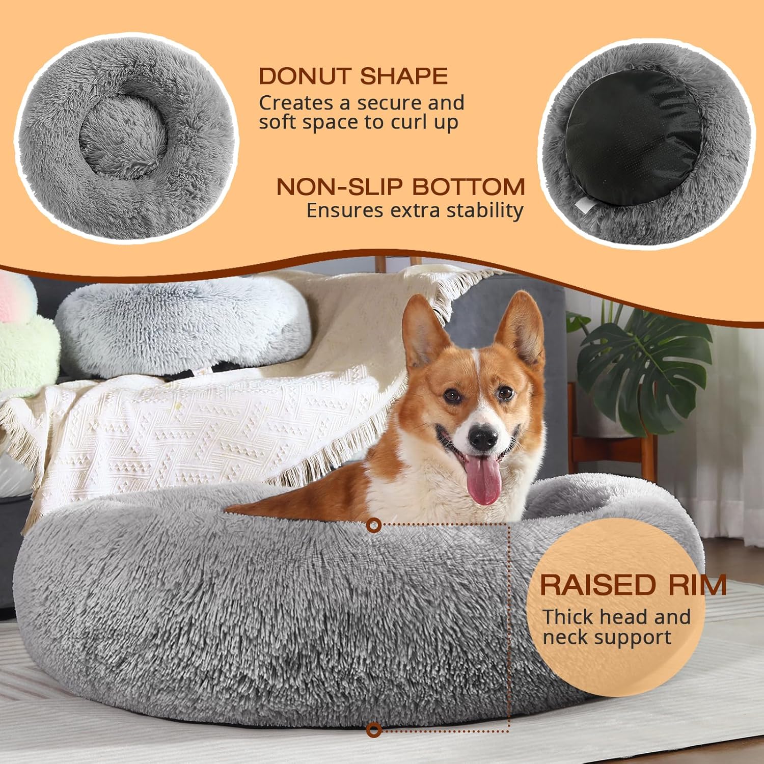 JOLLYVOGUE Dog & Cat Bed, Calming Anti-Anxiety Pet Bed for Small Dogs, Fluffy Donut Cushion for Small and Medium Pets (20")
