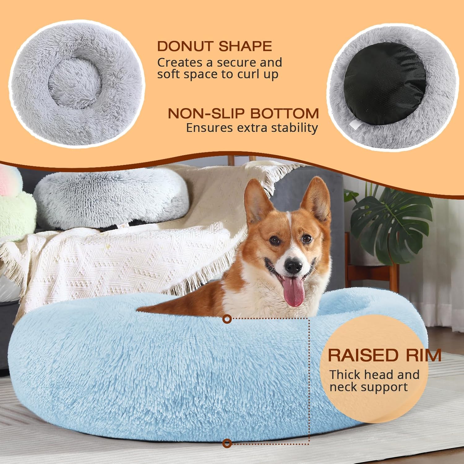 JOLLYVOGUE Dog & Cat Bed, Calming Anti-Anxiety Pet Bed for Small Dogs, Fluffy Donut Cushion for Small and Medium Pets (20")