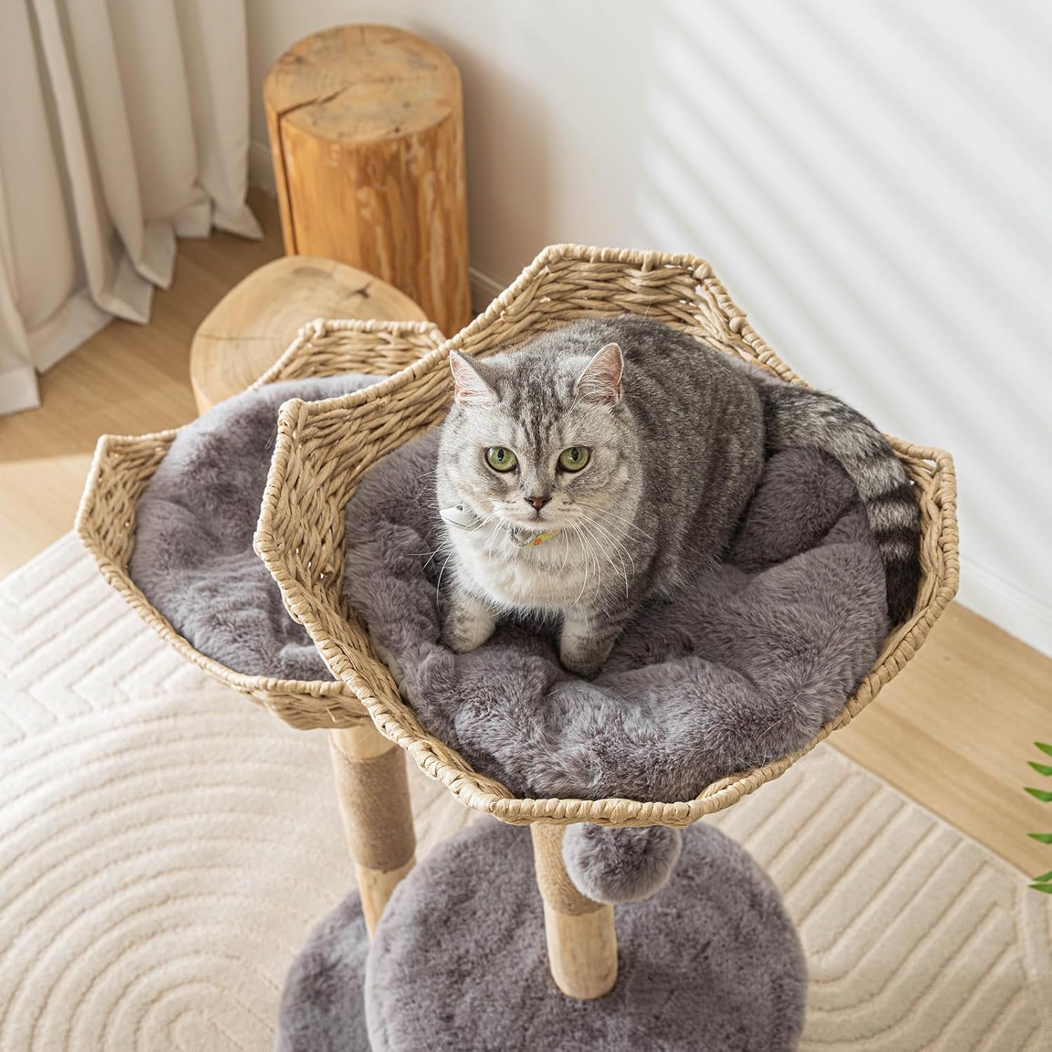 Modern Cat Tree for Indoor Cats Large Adult, 46" Tall Wooden Cat Tower for Large Cats with Scratching Post, Luxury Cat Condo, White
