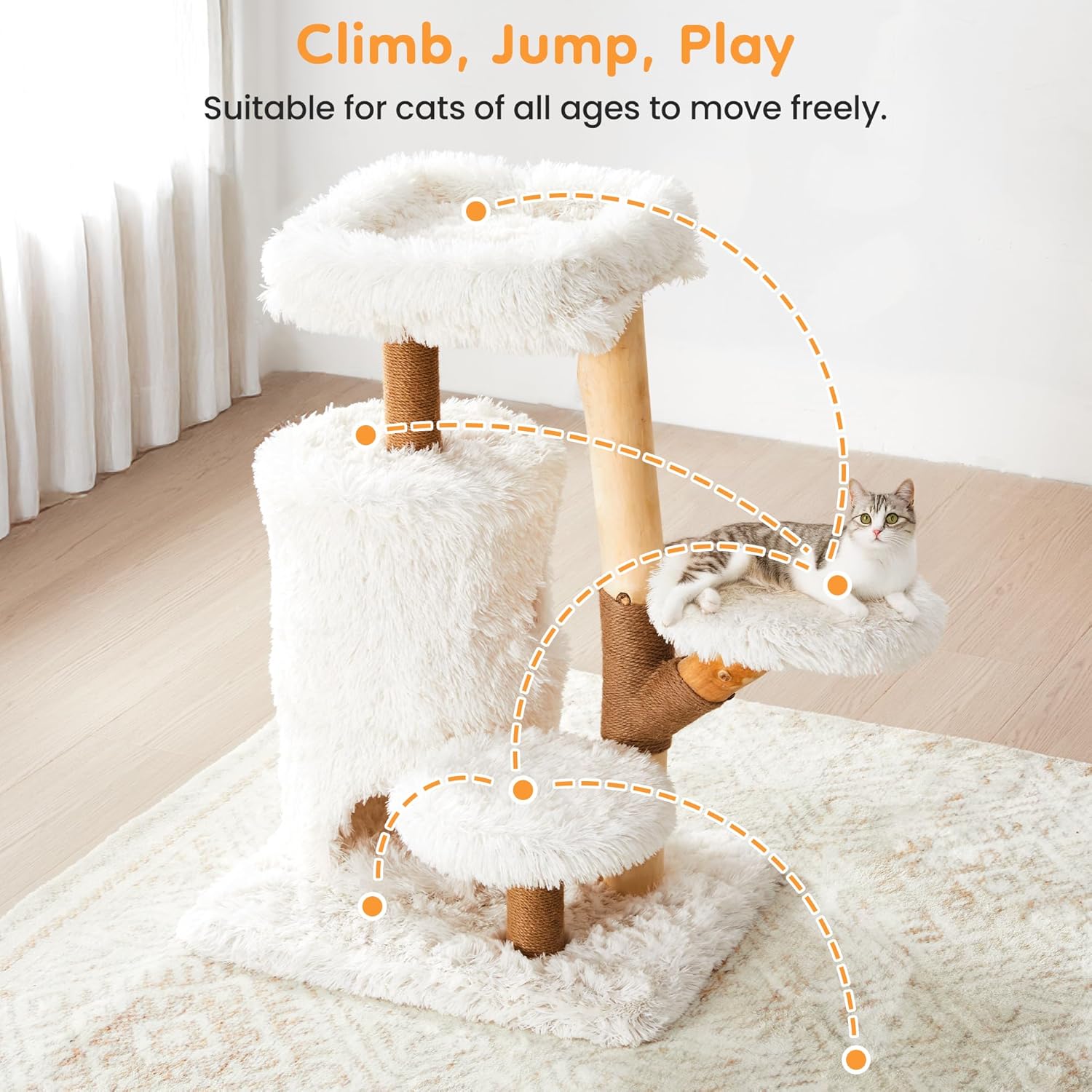 35-Inch Cat Tree for Indoor Cats, Multi-Level Tower with Sisal Posts, Dual Condos, Cushioned Perches & Removable Soft Cover, Natural Wood, Modern Cat Furniture for Large Cats, White