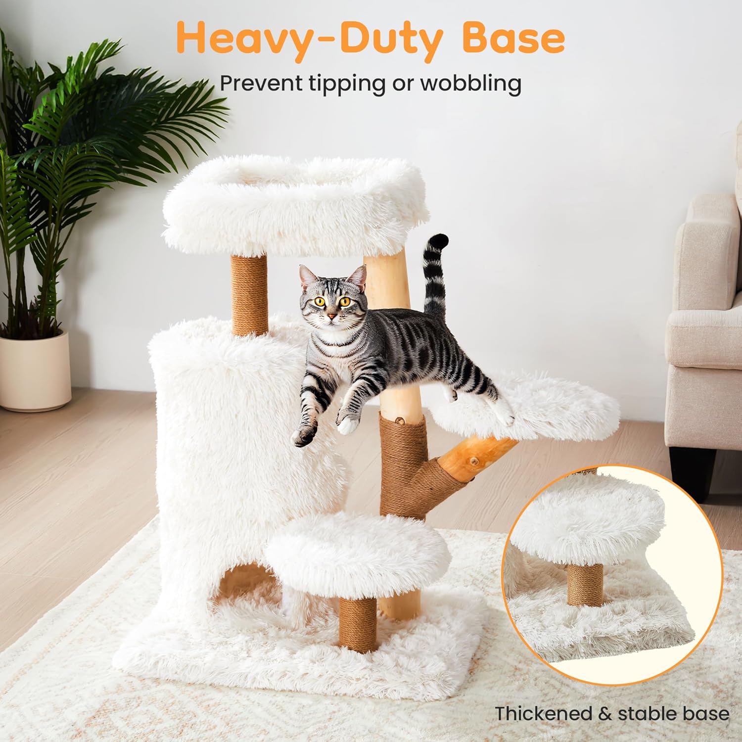35-Inch Cat Tree for Indoor Cats, Multi-Level Tower with Sisal Posts, Dual Condos, Cushioned Perches & Removable Soft Cover, Natural Wood, Modern Cat Furniture for Large Cats, White