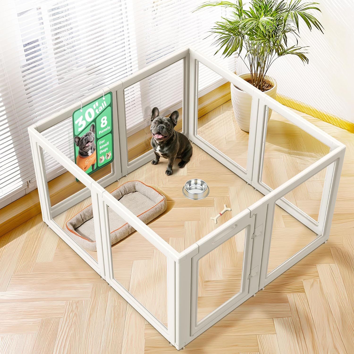 FXW AuraSpace Acrylic Indoor Dog Playpen for Puppies and Small Dogs, 24 Inch, 8 Panels, White