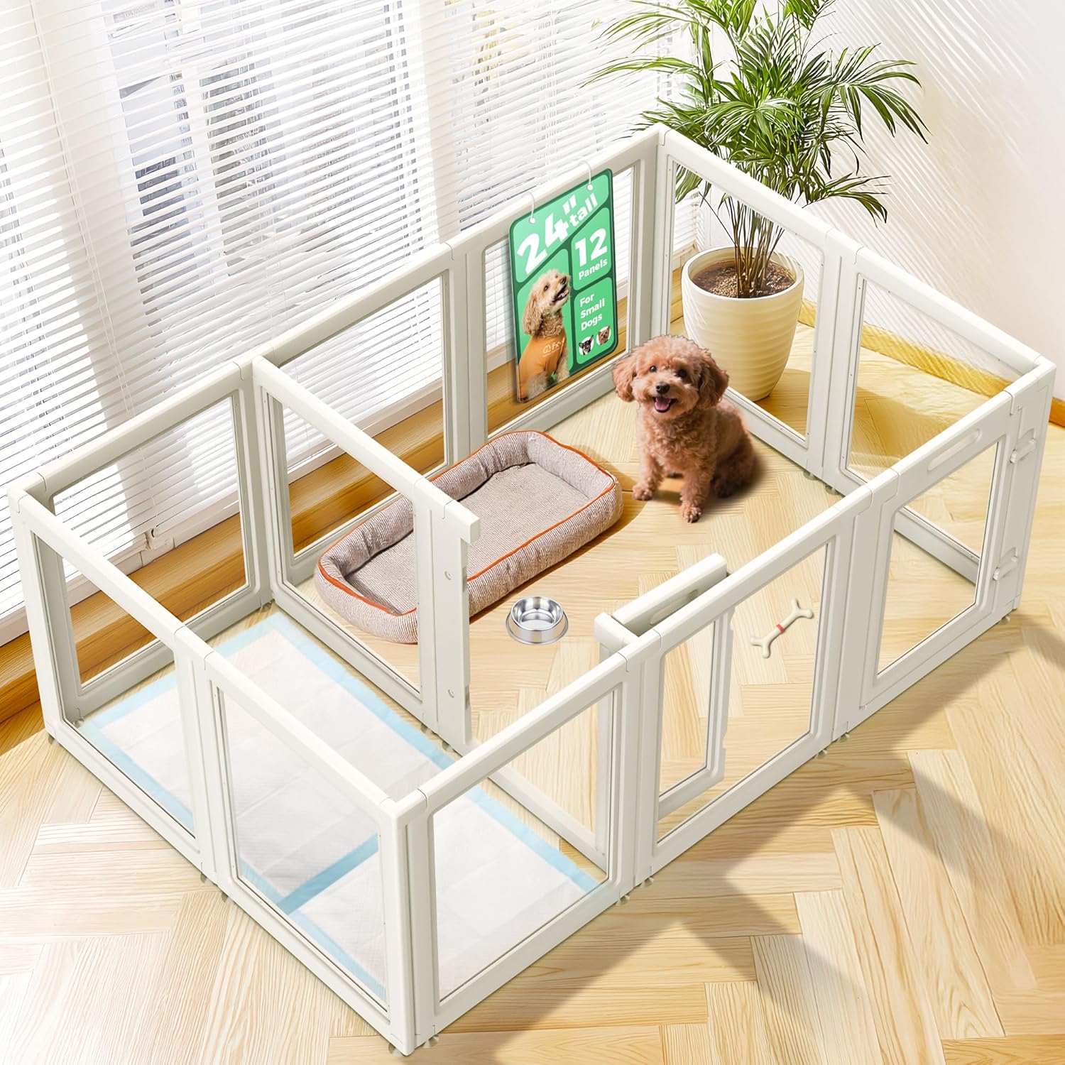 FXW AuraSpace Acrylic Indoor Dog Playpen for Puppies and Small Dogs, 24 Inch, 8 Panels, White