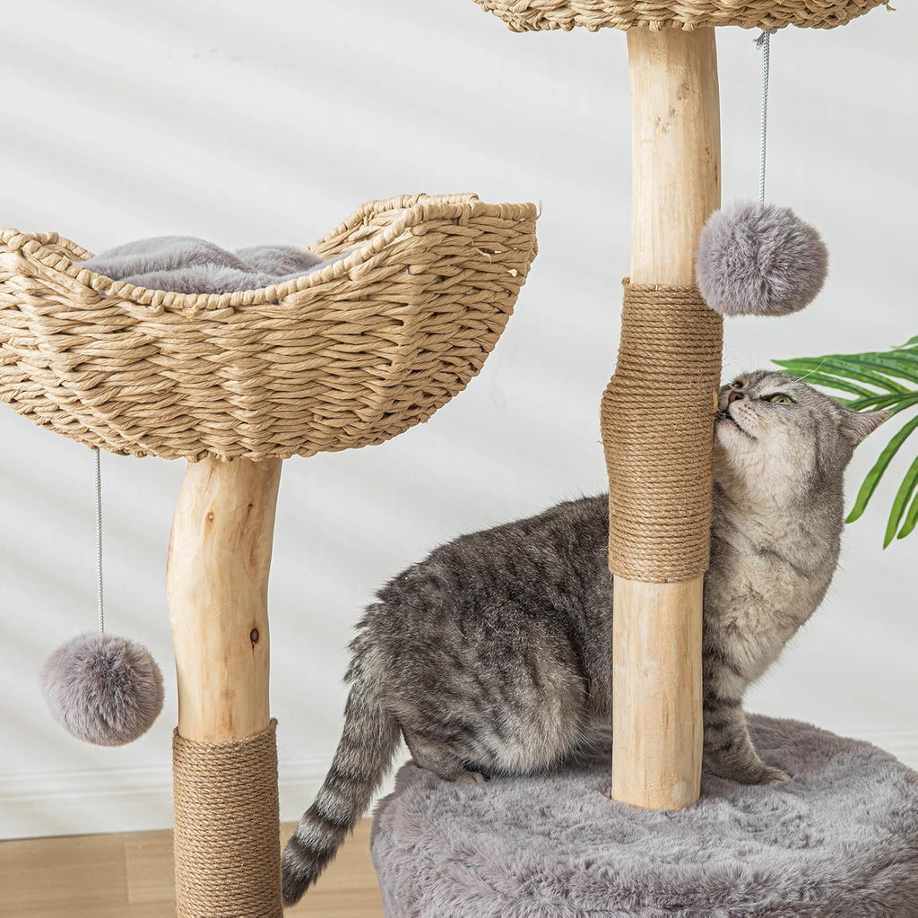 Modern Cat Tree for Indoor Cats Large Adult, 46" Tall Wooden Cat Tower for Large Cats with Scratching Post, Luxury Cat Condo, White