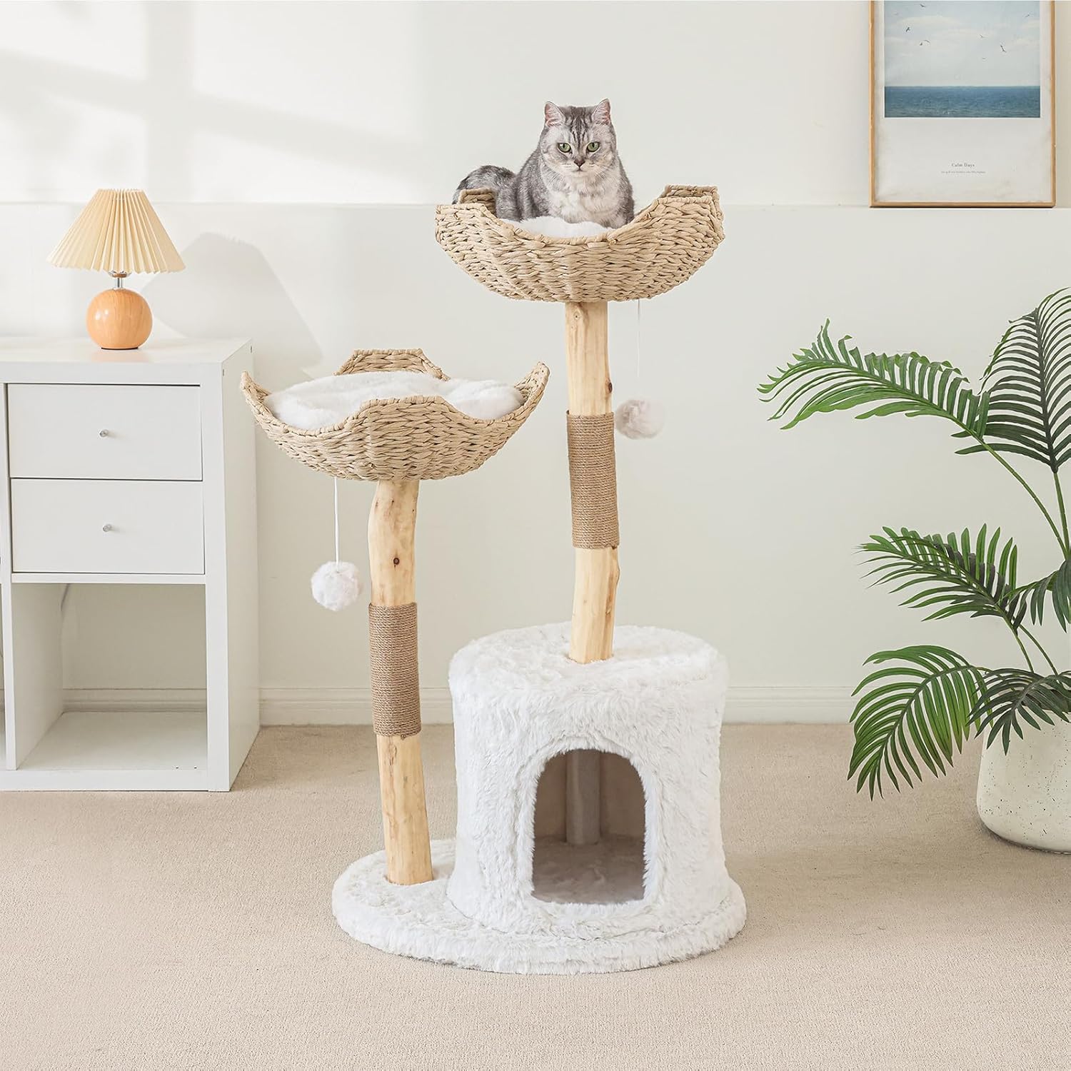 Modern Cat Tree for Indoor Cats Large Adult, 46" Tall Wooden Cat Tower for Large Cats with Scratching Post, Luxury Cat Condo, White