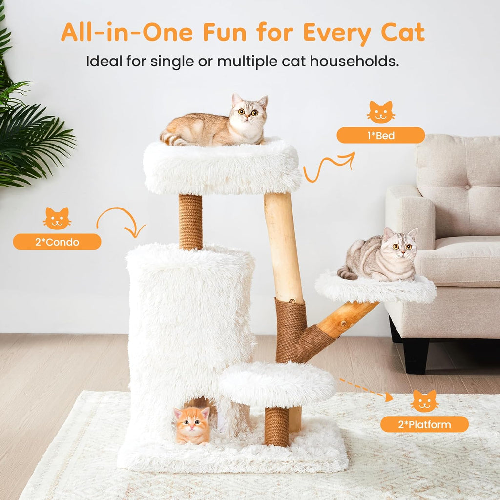 35-Inch Cat Tree for Indoor Cats, Multi-Level Tower with Sisal Posts, Dual Condos, Cushioned Perches & Removable Soft Cover, Natural Wood, Modern Cat Furniture for Large Cats, White